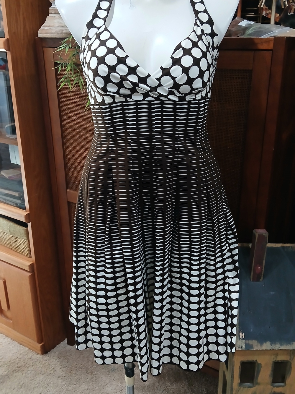 Calvin Klein Brown and White Polka Dot Halter Midi Dress